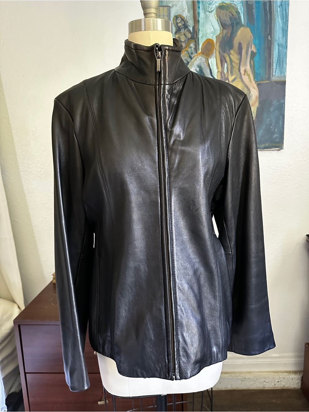 Nine West Black Leather Zip-Front Jacket with Stand Collar